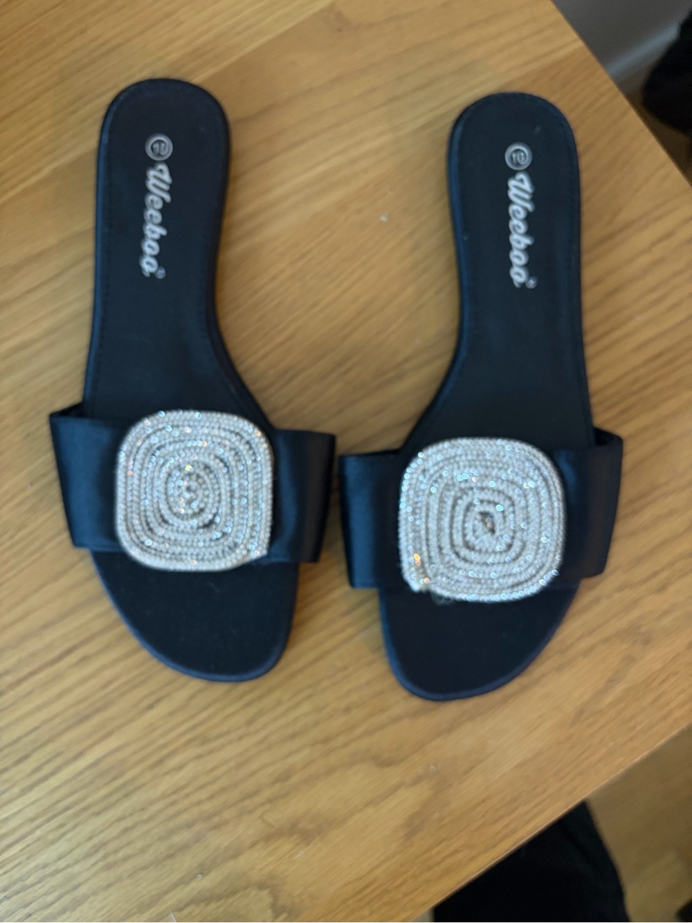 Black Slide Sandals with Crystal Embellishment